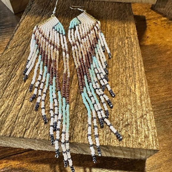 Boho Native American Navajo Seed Bead Dangle Wire Earrings, Turquoise Stone, Gi - Picture 11 of 11